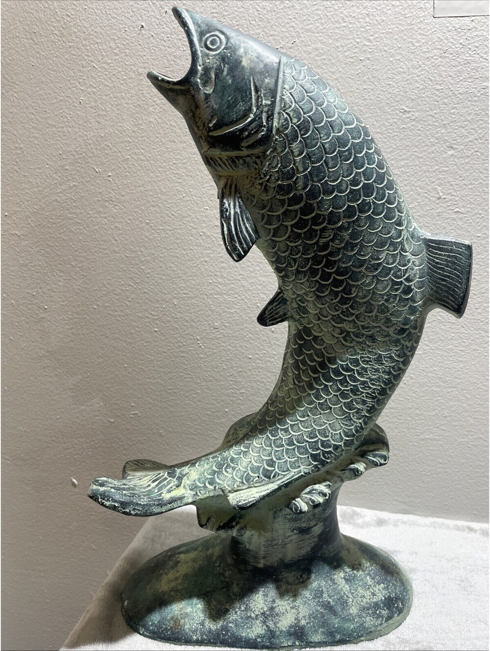 Vintage 18" Leaping Fish Sculpture - Large Cast Aluminum Trout/Salmon Verdigris
